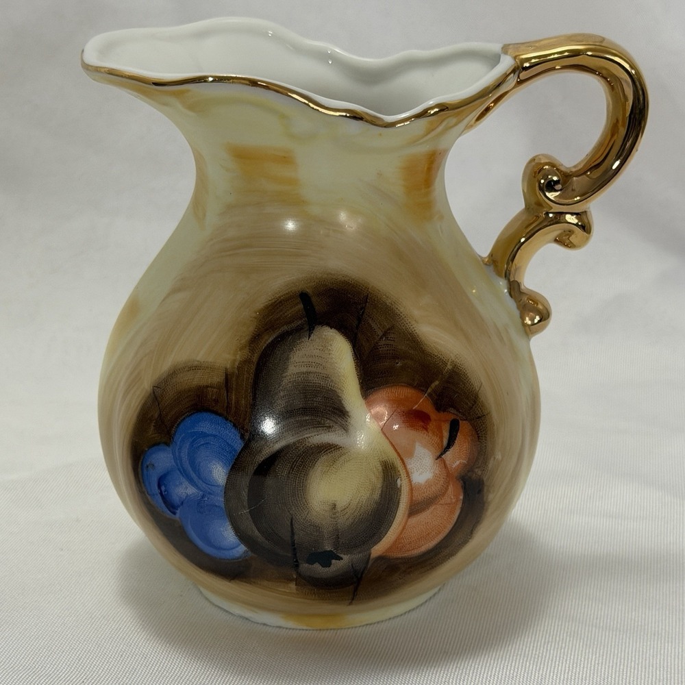 VTG Original Artmark Japan Pitcher & Bowl Set Hand Painted Fruit Gold Handle MCM - Picture 3 of 16